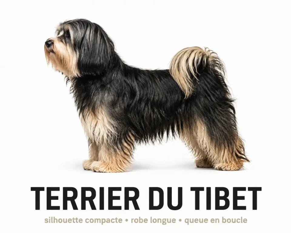 Terrier du Tibet en portrait éditorial montrant sa silhouette compacte et sa robe abondante