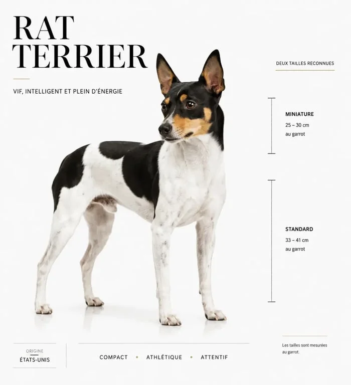 Rat Terrier en style éditorial montrant un Rat Terrier compact au pelage court avec repères visuels sur les formats miniature et standard