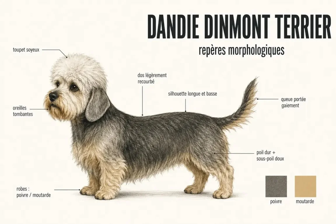 Terrier dandie illustré avec silhouette basse, toupet soyeux et robe poivre